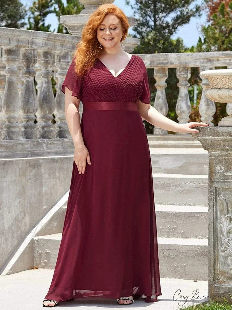Wedding Party Elegant Gown - A Formal Neck Plus Ruffles Line Chiffon V Size Burgundy / 4(Lable Size S)
