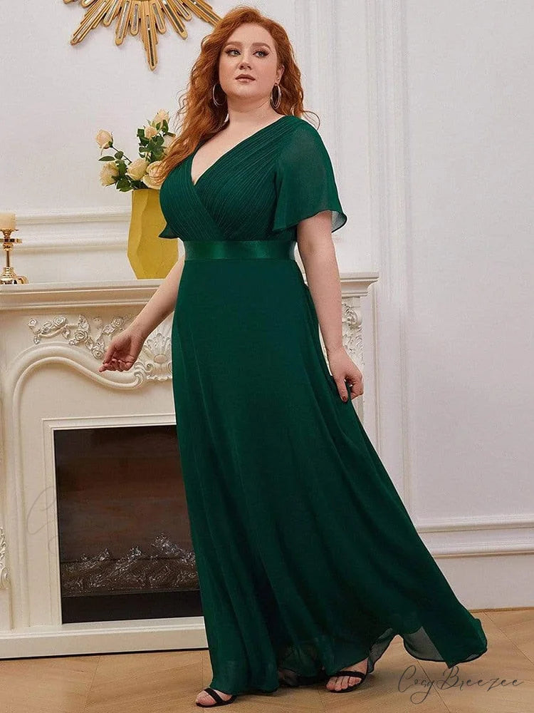 Wedding Party Elegant Gown - A Formal Neck Plus Ruffles Line Chiffon V Size Dark Green / 4(Lable Size S)
