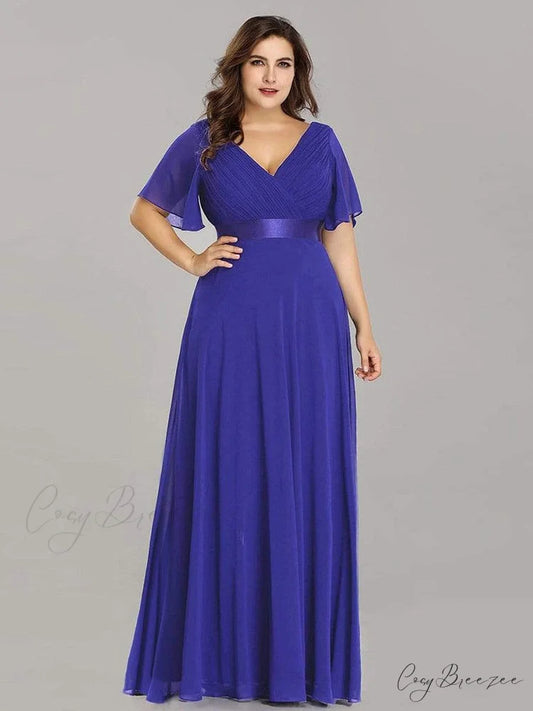 Wedding Party Elegant Gown - A Formal Neck Plus Ruffles Line Chiffon V Size Sapphire Blue / 4(Lable Size S)