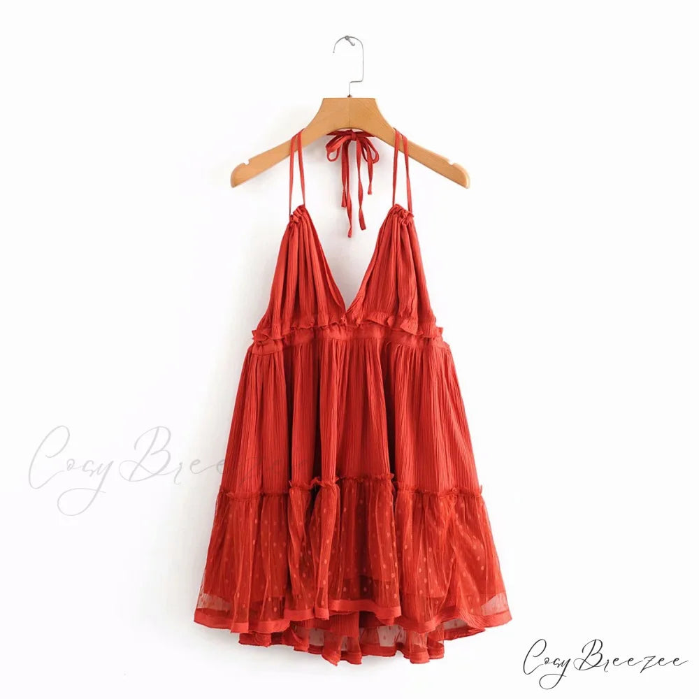 Weekend Getaway Stylish Linen Skater Dress Red / S