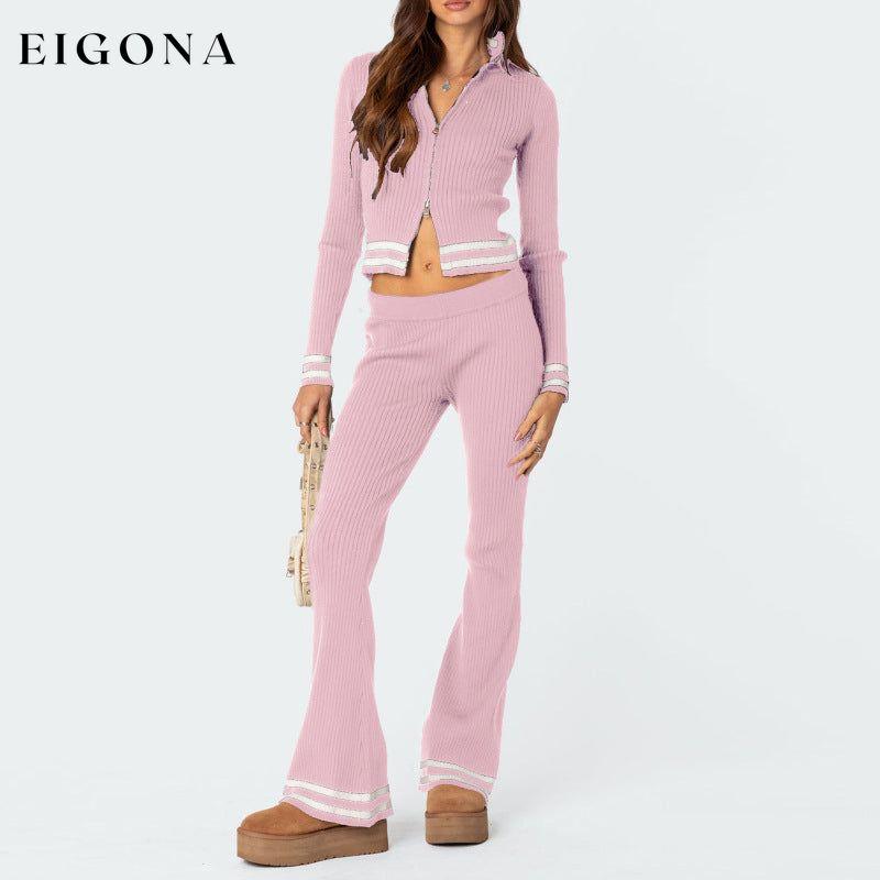 Women's zipper crop top high waist wide leg pants two piece set Loungewear Sets Pink bottoms clothes lounge wear loungewear sets Sweater sweaters Sweatshirt Women's Bottoms