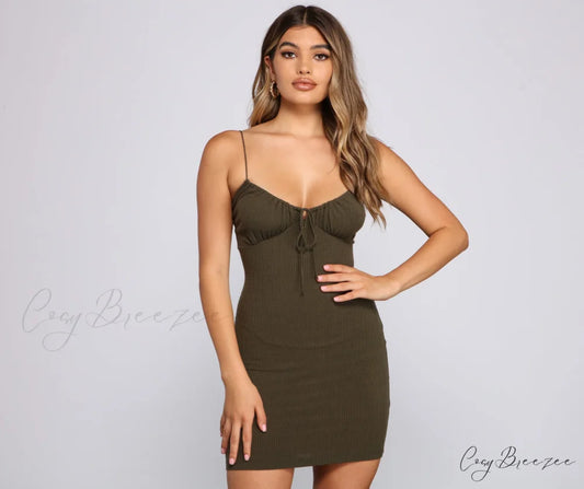 What’s The Scoop Charming Ribbed Knit Mini Dress OLIVE / XS