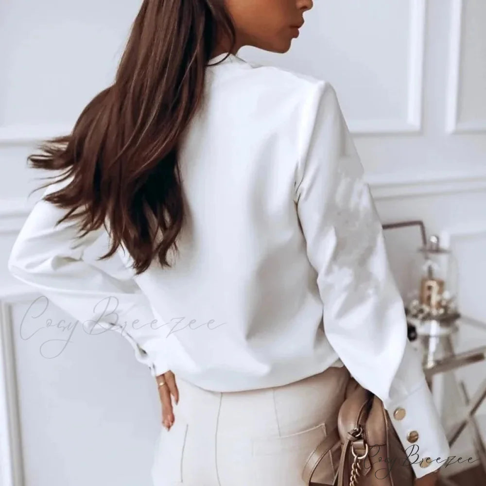White and Black Long Sleeve Casual Crop Top blouse-250126