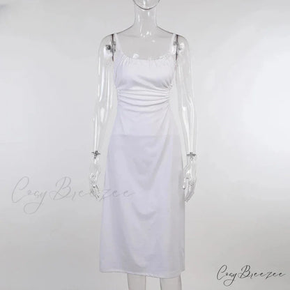 White Backless Hollow Out Bandage Spaghetti Strap Midi Dress