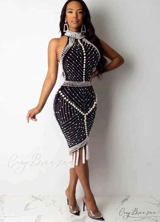 White Bandage High Sexy Tassel Black Rayon Quality Cocktail Gown Party Gown Celebrity Beading XL XXL BLACK / XS