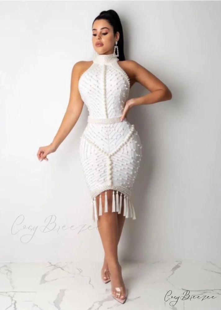 White Bandage High Sexy Tassel Black Rayon Quality Cocktail Gown Party Gown Celebrity Beading XL XXL White / XS