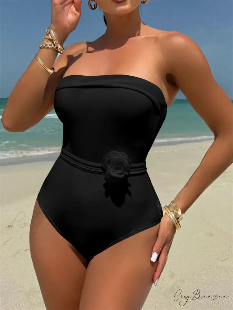 White Black 3D Flower Swimsuit Black / S onepiece-250223