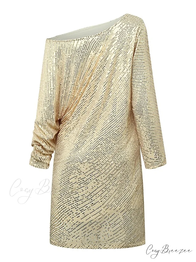 White/Black/Gold Shoulder Gown Women’s Party - One Arm Sequin - Long - S/M/L/XL