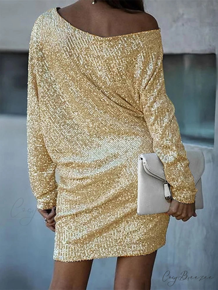 White/Black/Gold Shoulder Gown Women’s Party - One Arm Sequin - Long - S/M/L/XL
