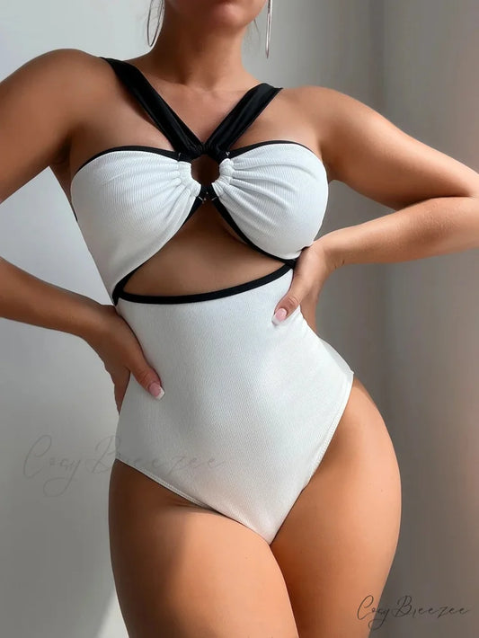 White Black Patchwork Metal Ring Swimsuit onepiece-250223