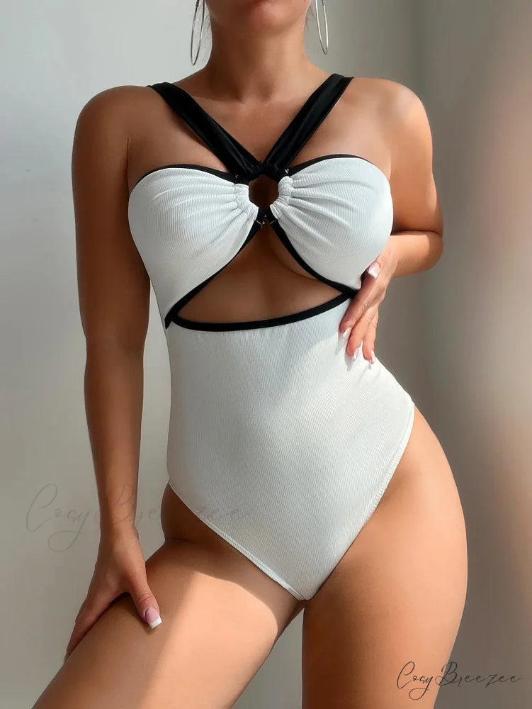 White Black Patchwork Metal Ring Swimsuit WHITE / S onepiece-250223