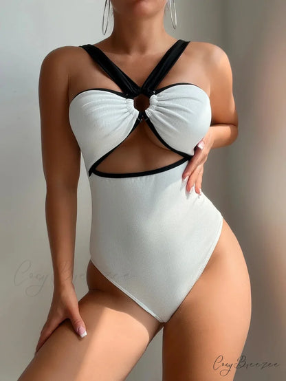White Black Patchwork Metal Ring Swimsuit WHITE / S onepiece-250223