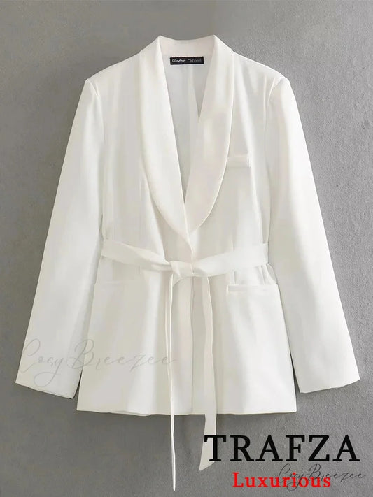 White Blazer V Neck Oversized High Waist Wide Leg Pants Suit Red / XS