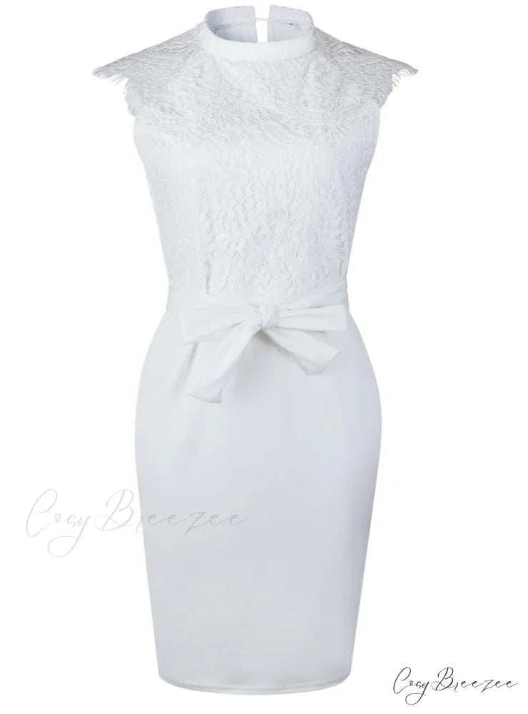 White Bodycon Dress - Knee-Length Slim Elegant Club Casual