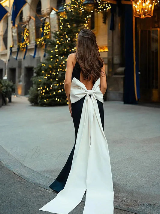 White Bow Backless Mini Party Dress black and white / S