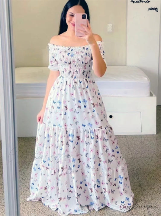 White Butterfly Maxi Beach Dress with Short Sleeves