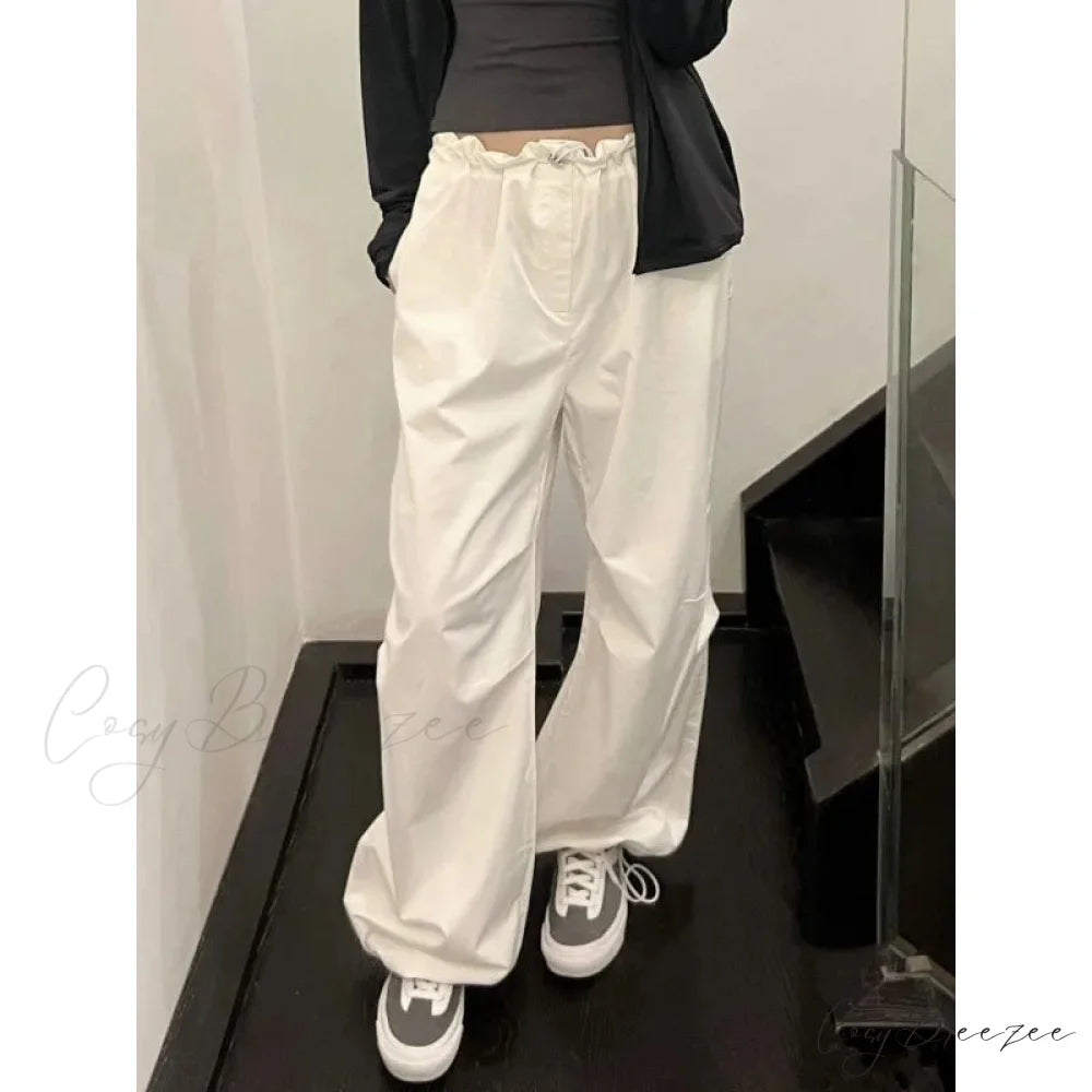 White Casual Elastic Pants pants-241228