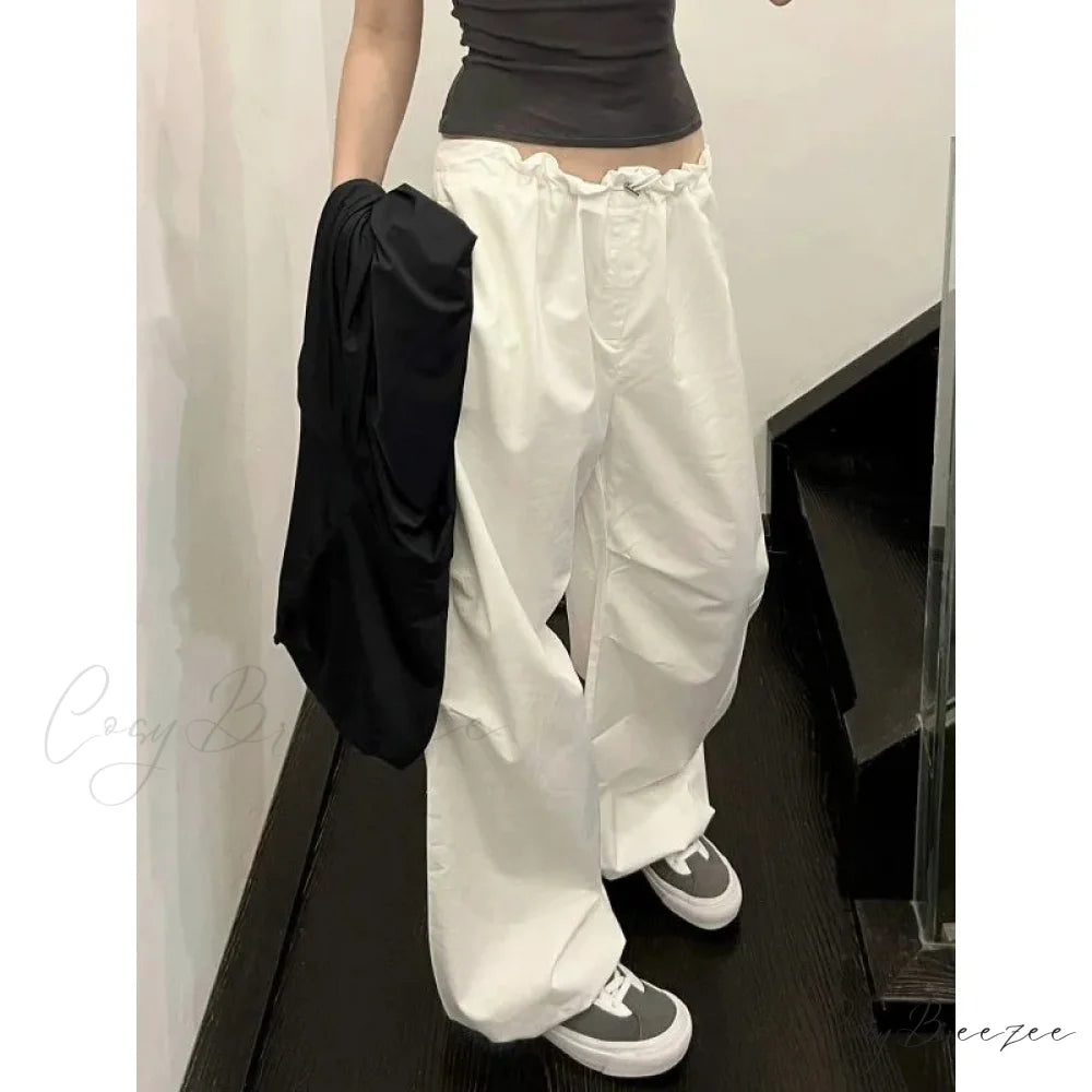 White Casual Elastic Pants pants-241228