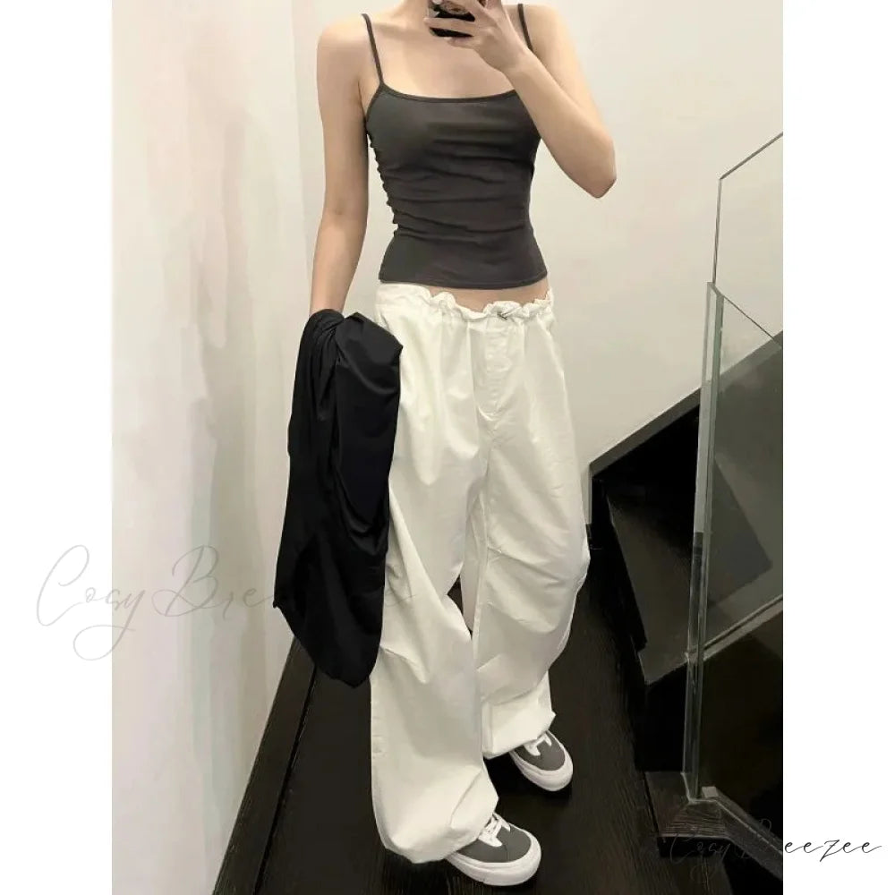 White Casual Elastic Pants pants-241228