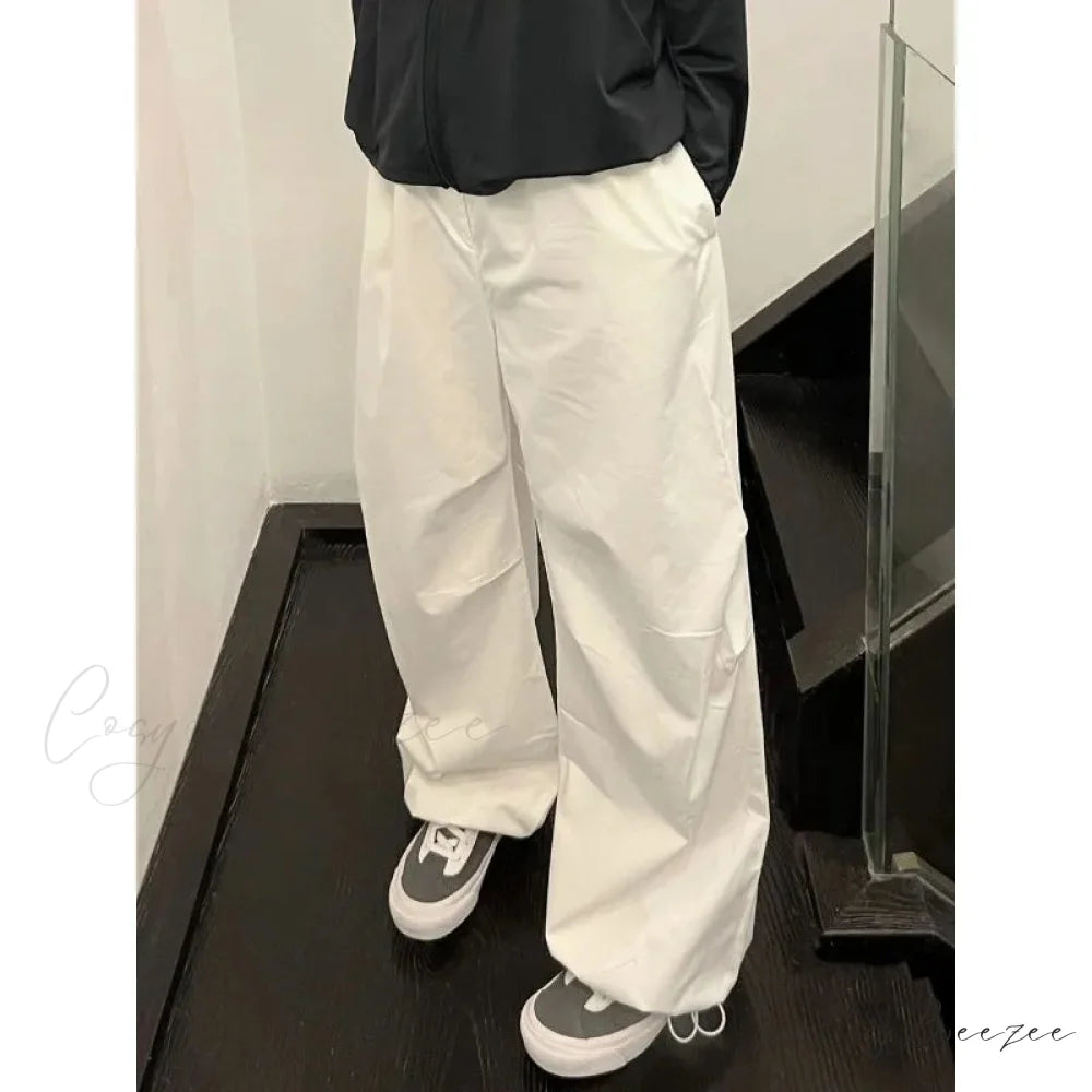 White Casual Elastic Pants pants-241228