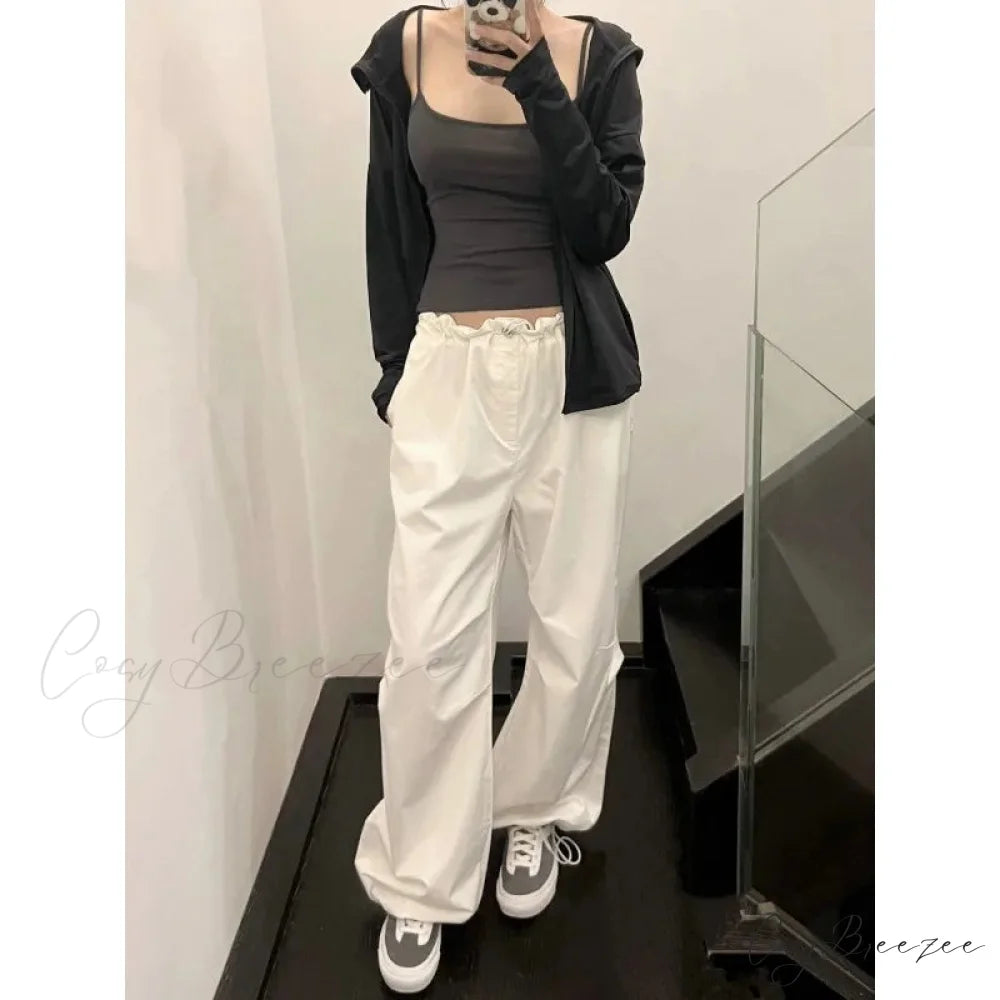 White Casual Elastic Pants pants-241228