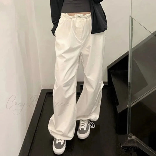 White Casual Elastic Pants White / S pants-241228