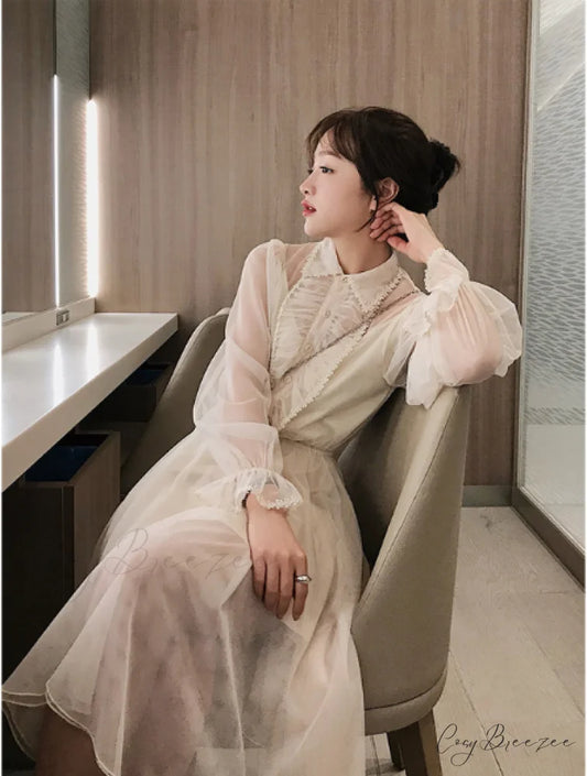 White Chiffon Summer Dress with Long Sleeves S / Champagne