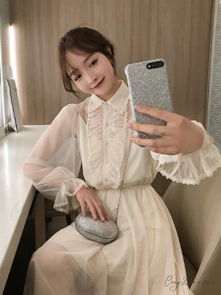 White Chiffon Summer Dress with Long Sleeves S / Coffee