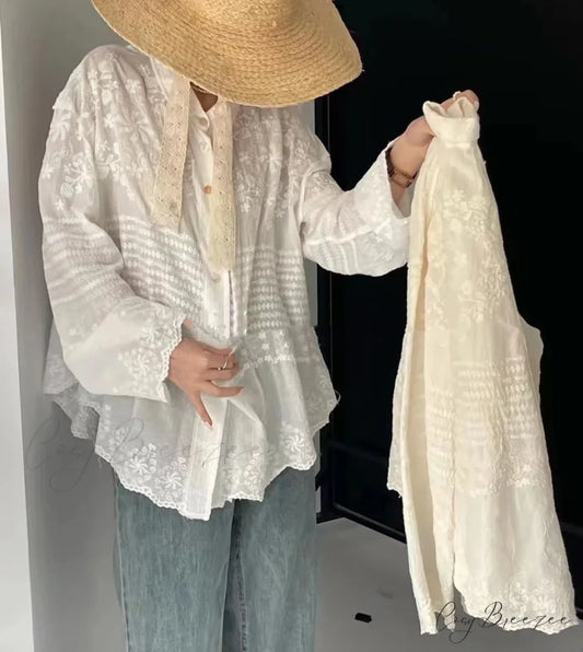 White Cotton Embroidery Lace Long Sleeve Boho Blouse bohoblouse-250126