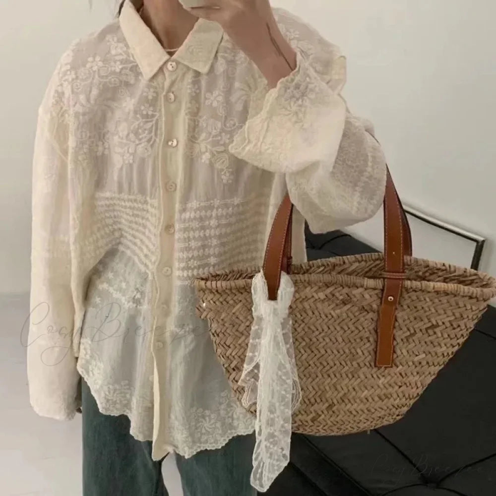 White Cotton Embroidery Lace Long Sleeve Boho Blouse Creamy / One Size bohoblouse-250126