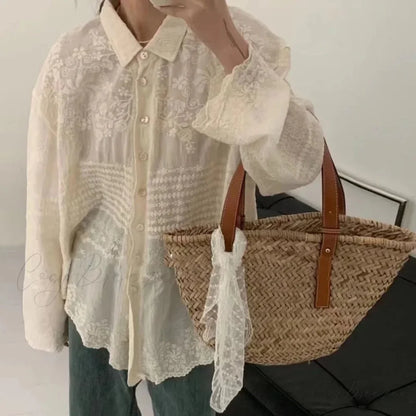 White Cotton Embroidery Lace Long Sleeve Boho Blouse Creamy / One Size bohoblouse-250126