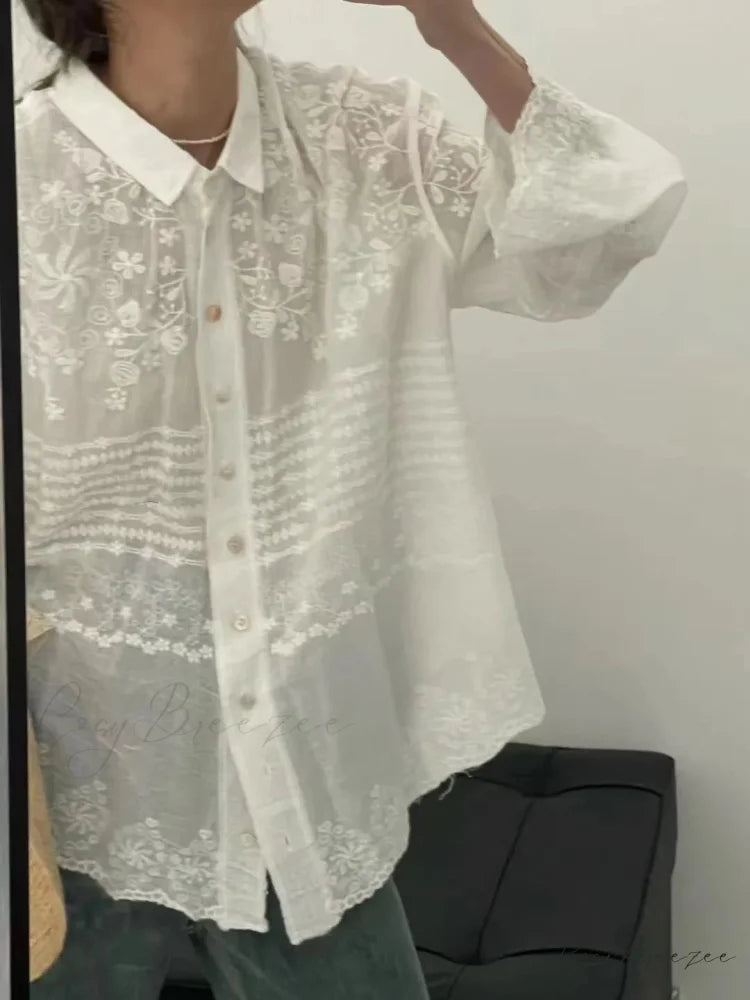 White Cotton Embroidery Lace Long Sleeve Boho Blouse White / One Size bohoblouse-250126