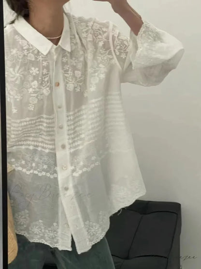 White Cotton Embroidery Lace Long Sleeve Boho Blouse White / One Size bohoblouse-250126