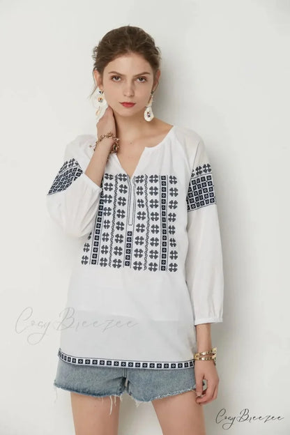 White Cotton Embroidery V-Neck Loose Pullover Boho Blouse bohoblouse-250126