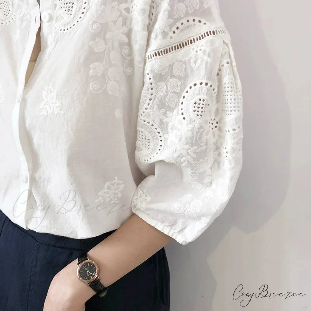 White Cotton Floral Embroidery Vintage Boho Summer Blouse bohoblouse-250126
