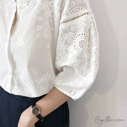 White Cotton Floral Embroidery Vintage Boho Summer Blouse bohoblouse-250126