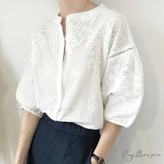 White Cotton Floral Embroidery Vintage Boho Summer Blouse bohoblouse-250126