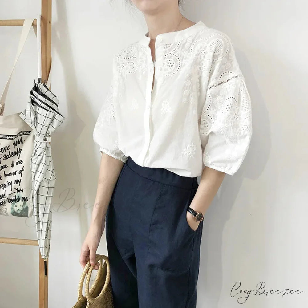 White Cotton Floral Embroidery Vintage Boho Summer Blouse White / S bohoblouse-250126