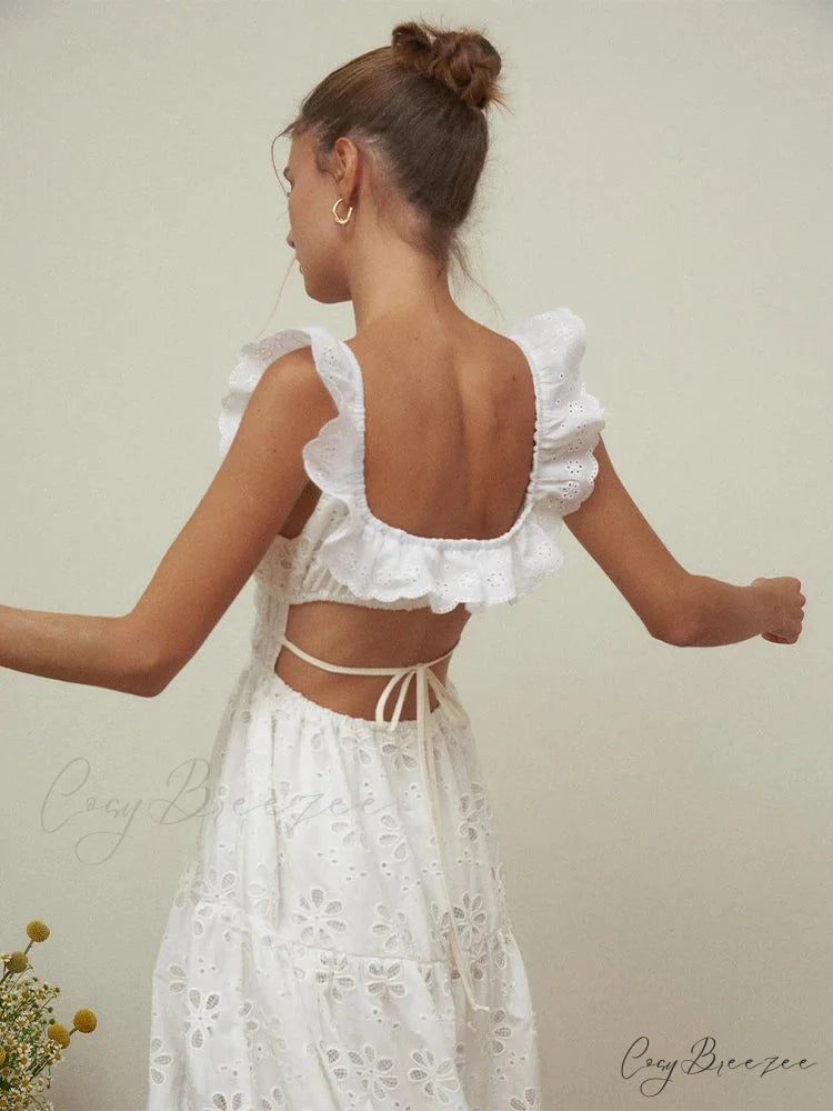 White Cotton Floral Lace Maxi Dress bohodress-250126