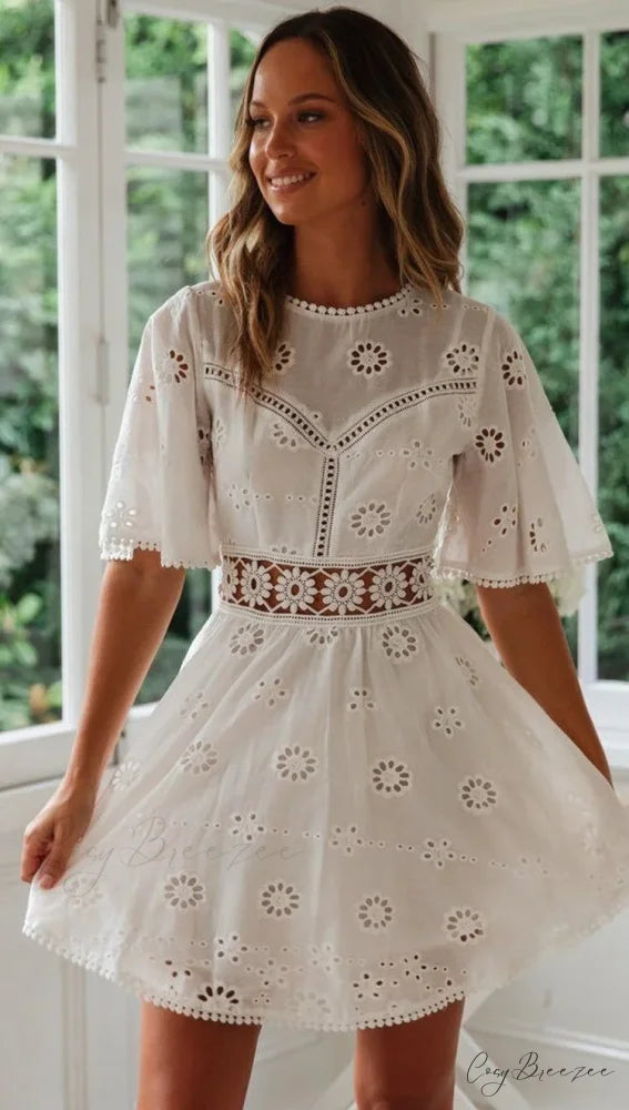 White Cotton Half Sleeve Sexy Backless Hollow Out Mini Dress bohodress-250126