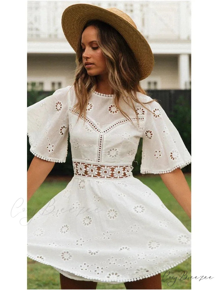 White Cotton Half Sleeve Sexy Backless Hollow Out Mini Dress bohodress-250126