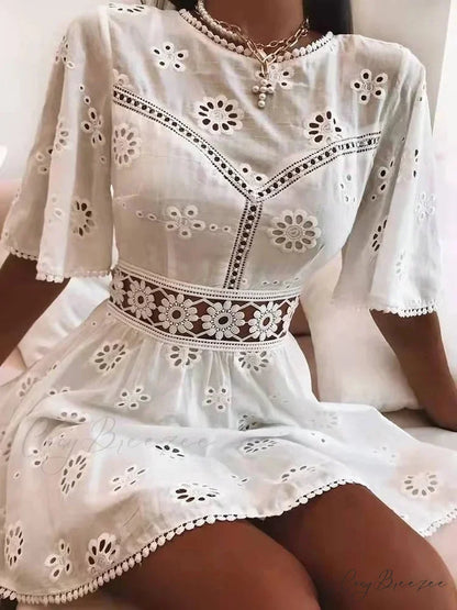 White Cotton Half Sleeve Sexy Backless Hollow Out Mini Dress bohodress-250126