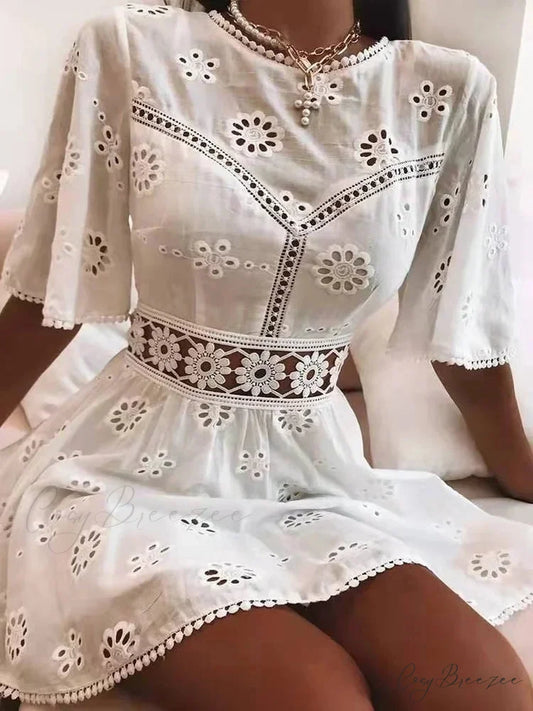 White Cotton Half Sleeve Sexy Backless Hollow Out Mini Dress bohodress-250126