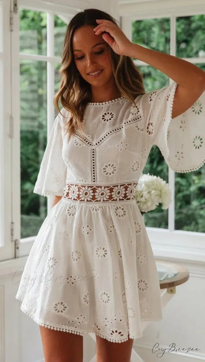 White Cotton Half Sleeve Sexy Backless Hollow Out Mini Dress bohodress-250126