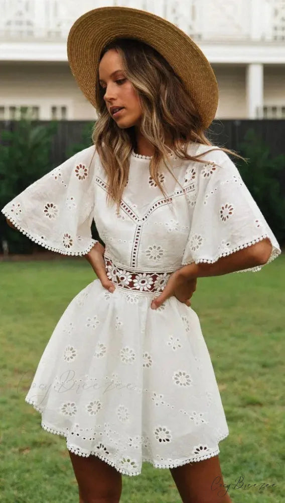 White Cotton Half Sleeve Sexy Backless Hollow Out Mini Dress White / S bohodress-250126
