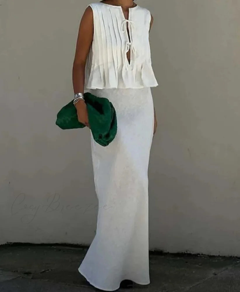White Cotton Lace-Up Ankle Skirt Office Set officetwopieceset-250223