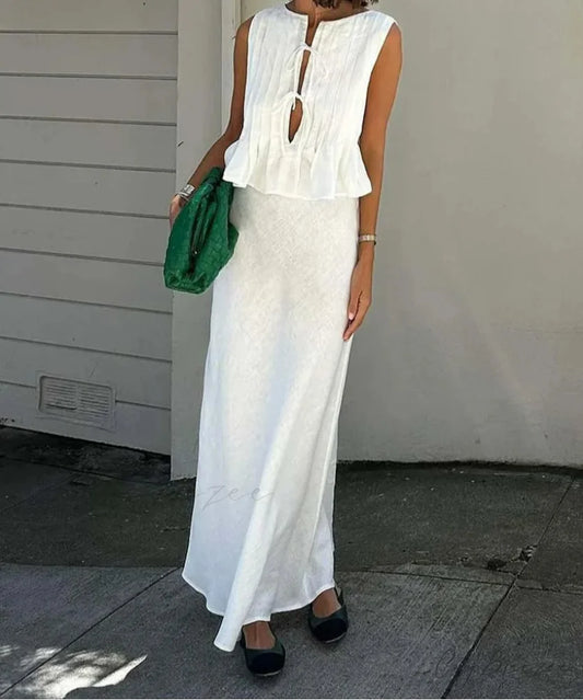 White Cotton Lace-Up Ankle Skirt Office Set WHITE / S officetwopieceset-250223