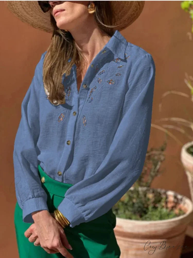 White Cotton Linen Lace Floral Embroidery Boho Blouse Blue / M bohoblouse-250126