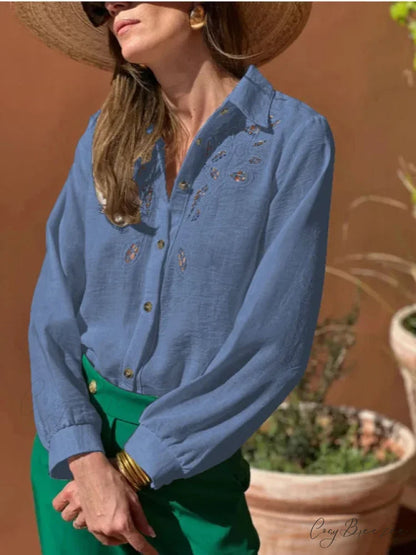 White Cotton Linen Lace Floral Embroidery Boho Blouse Blue / M bohoblouse-250126