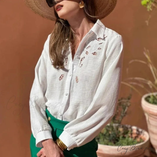 White Cotton Linen Lace Floral Embroidery Boho Blouse bohoblouse-250126